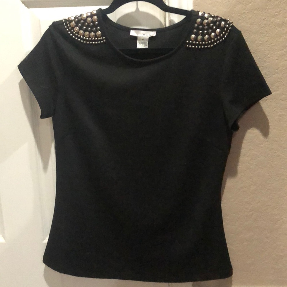Black Short Sleeve Shirt with Stud Shoulder Detail